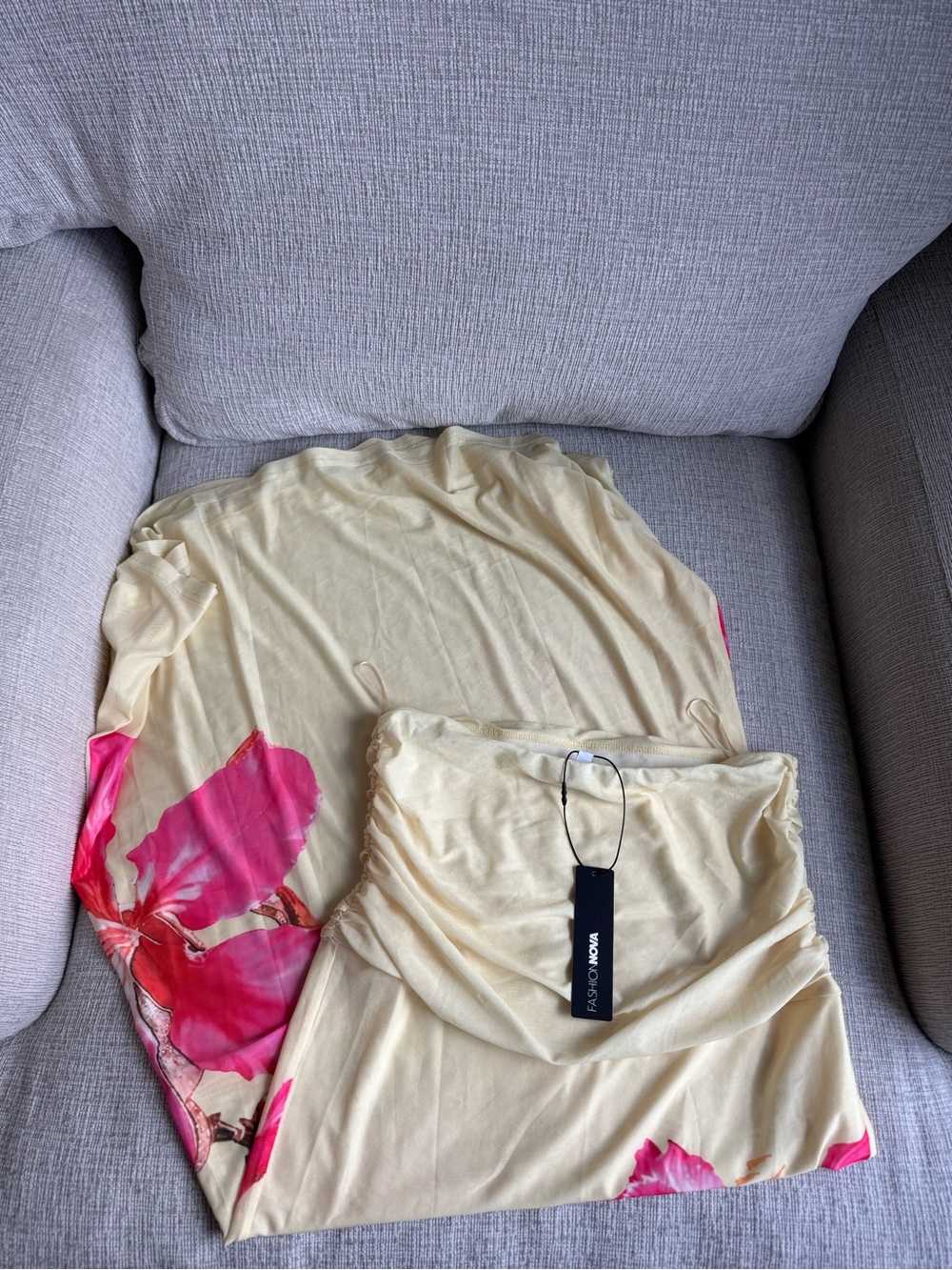 Fashion Nova yellow strapless Maxi Dress with Pink Floral Accents
